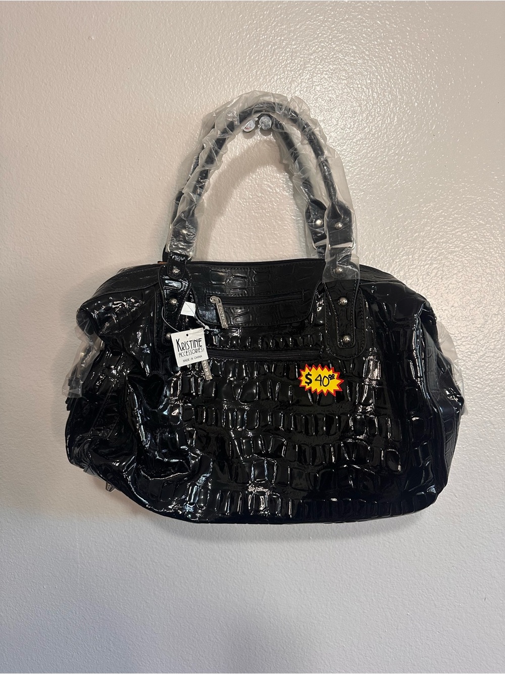 Black Croc-Embossed Patent Tote